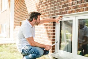 man identifying window rating during inspection